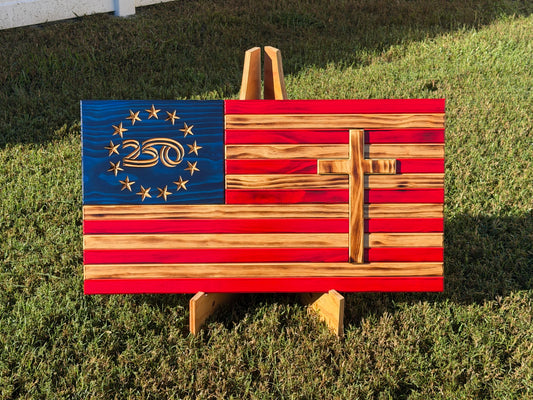 Front view of wooden American flag with raised cross and 250 anniversary design surrounded by stars